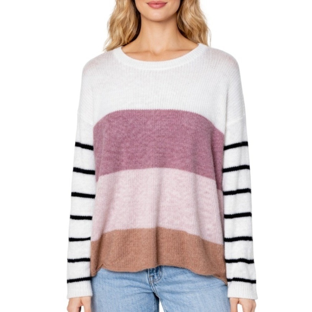 Doe & Rae Womens Colorblock Striped Crewneck Sweater Pink‎ Tan White Size Large